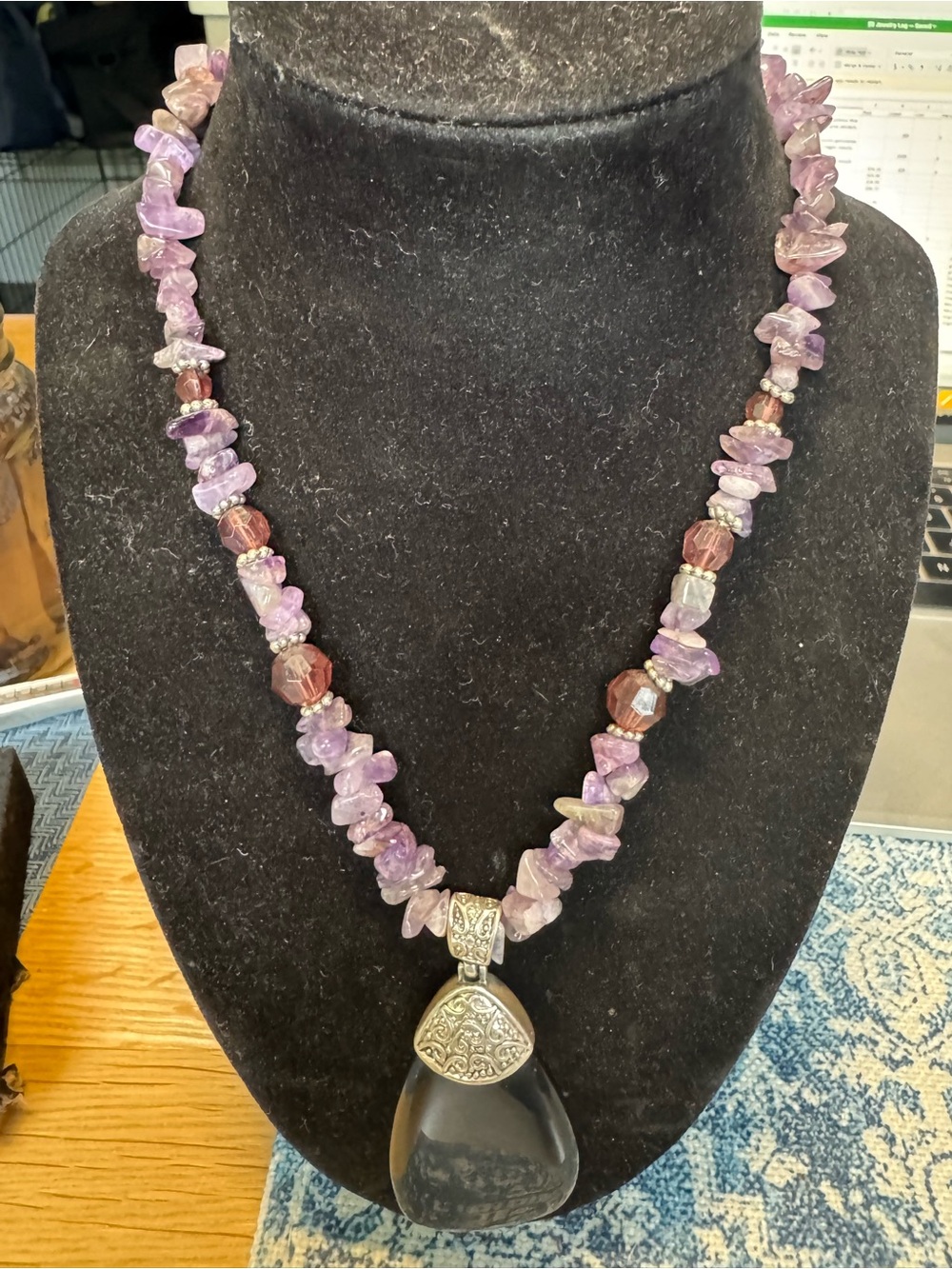 Artisan Amethyst Chip Beaded Statement Necklace with Large Pendant